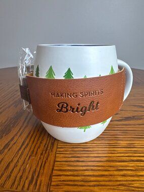**NEW** Caribou Coffee Ceramic Coffee Mug Leather Sleeve Flask Gift Tree Deer